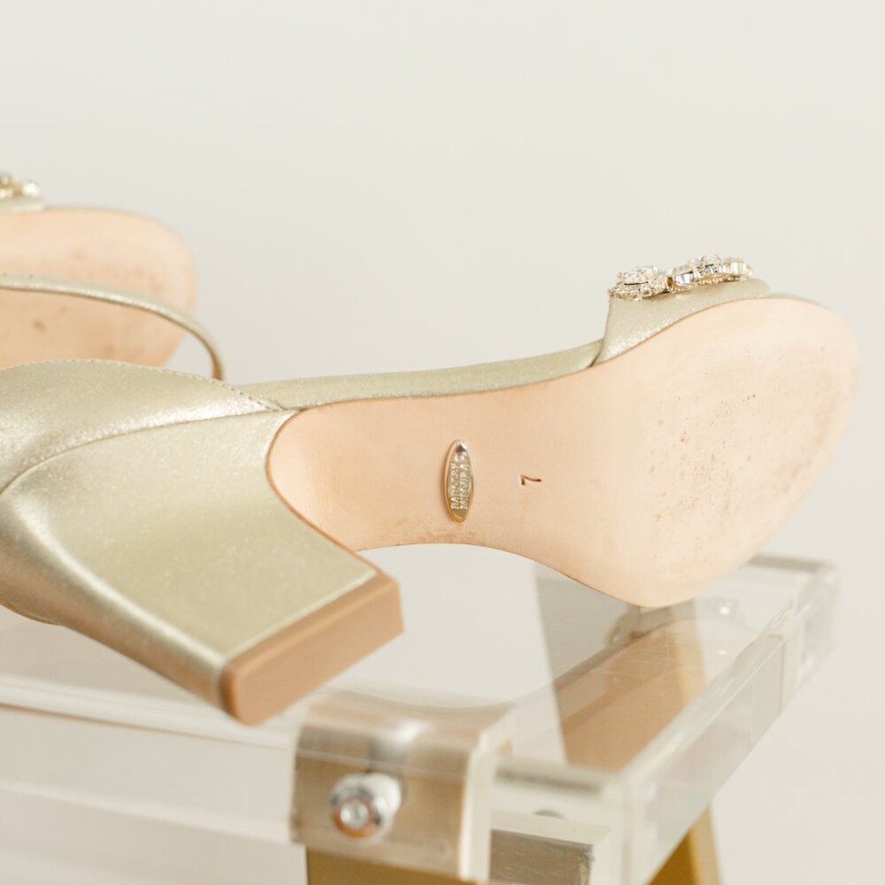 Badgley Mischka Laraine Plantino Gold Women's Leather Heels 7 Metallic Crystal - Picture 3 of 10